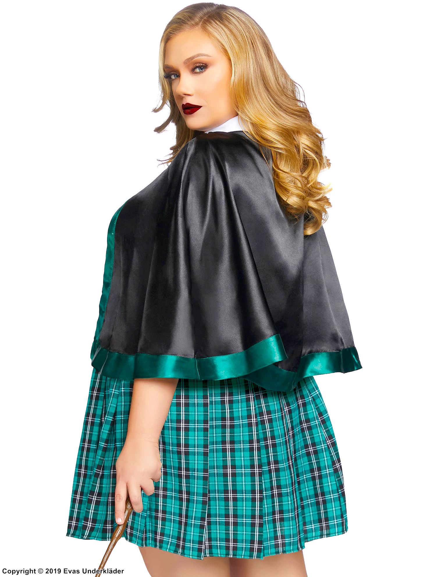 Hermione Granger from Harry Potter, costume dress, necktie, cape, shirt collar, scott-checkered pattern, plus size